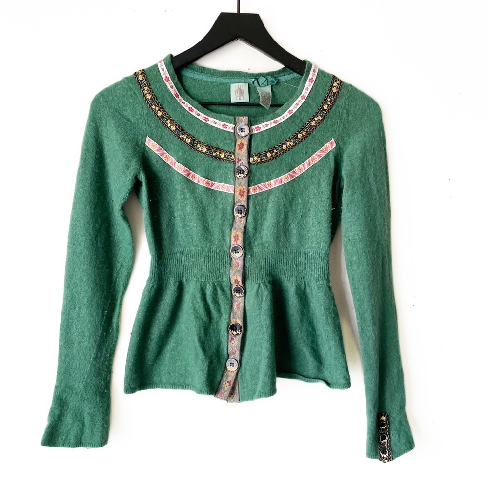 HWR Anthropologie Ribbon Detailed Cardigan Sweater in Vibrant Emerald Green